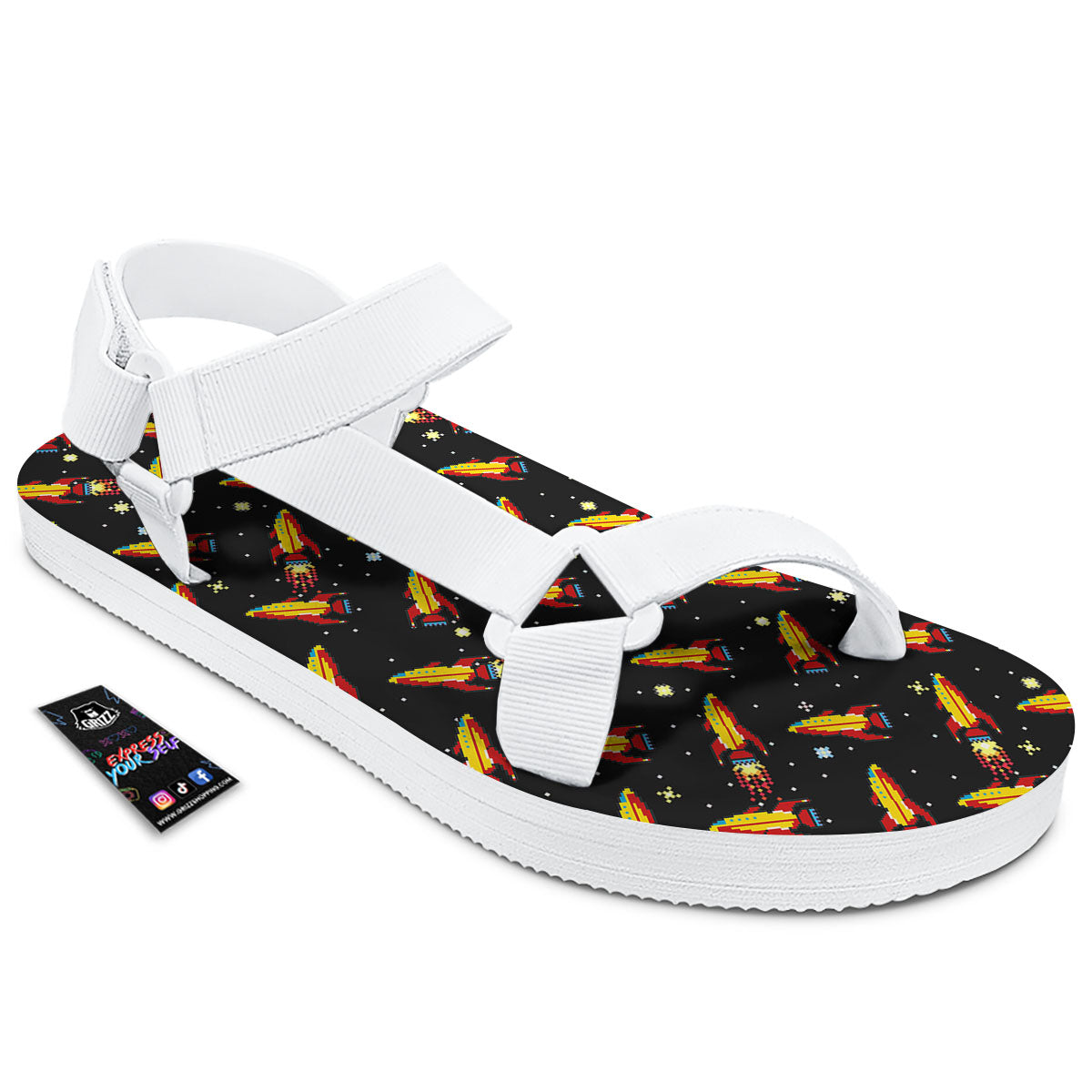 Spaceships Pixel Print Pattern White Open Toe Sandals-grizzshop