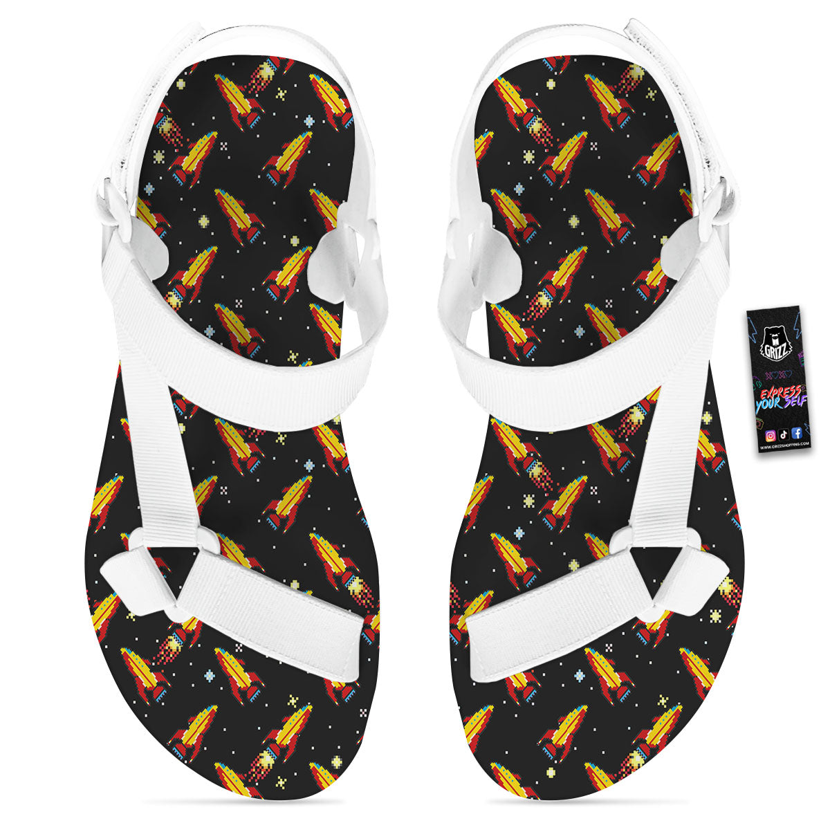 Spaceships Pixel Print Pattern White Open Toe Sandals-grizzshop