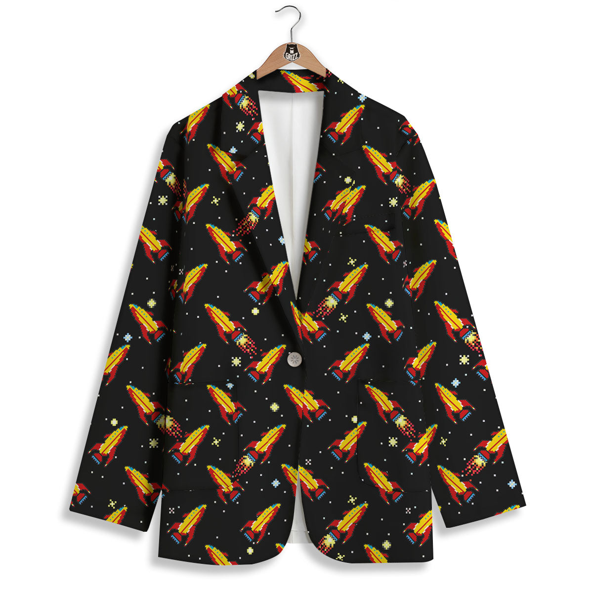 Spaceships Pixel Print Pattern Women's Blazer-grizzshop