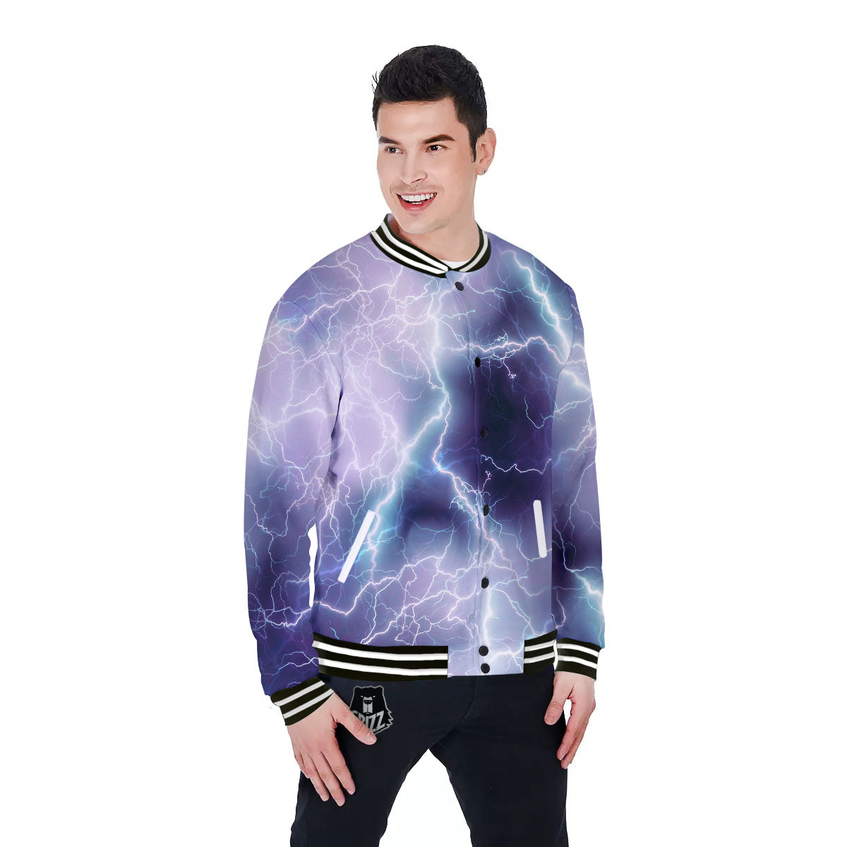 Spark Lightning Print Baseball Jacket-grizzshop