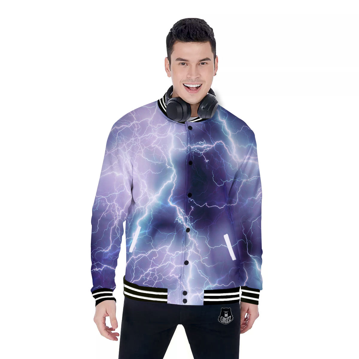 Spark Lightning Print Baseball Jacket-grizzshop
