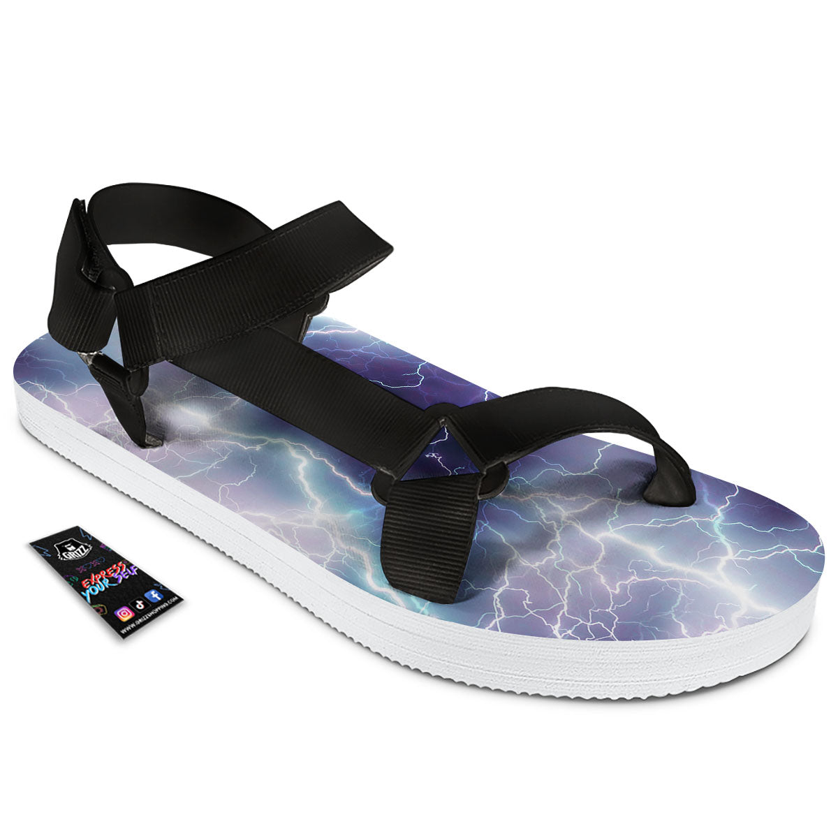 Spark Lightning Print Black Open Toe Sandals-grizzshop