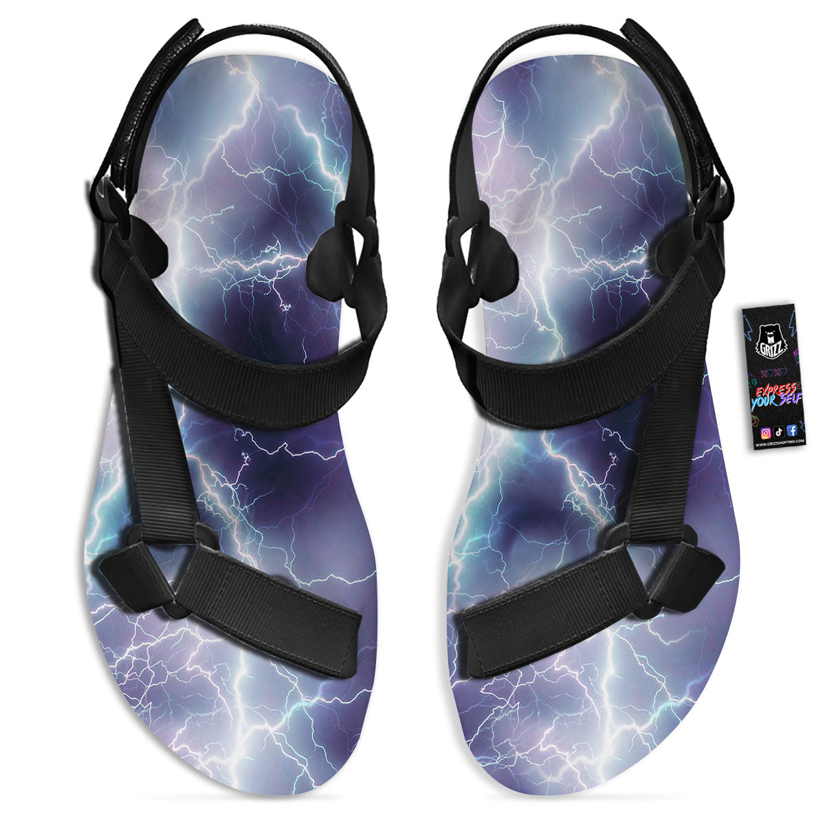 Spark Lightning Print Black Open Toe Sandals-grizzshop