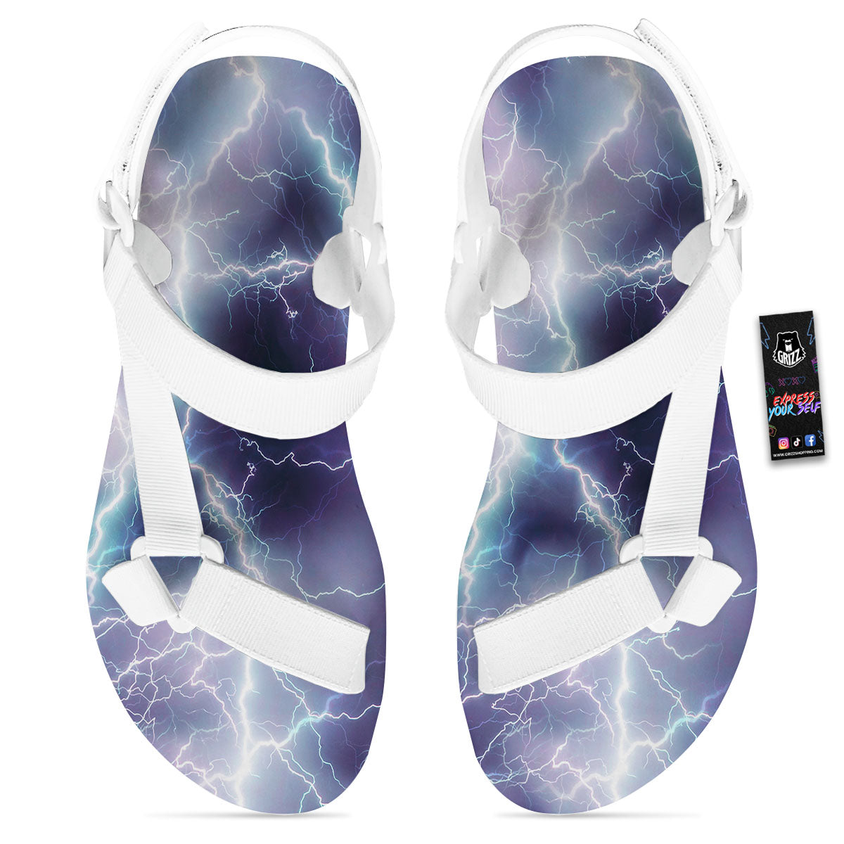 Spark Lightning Print White Open Toe Sandals-grizzshop