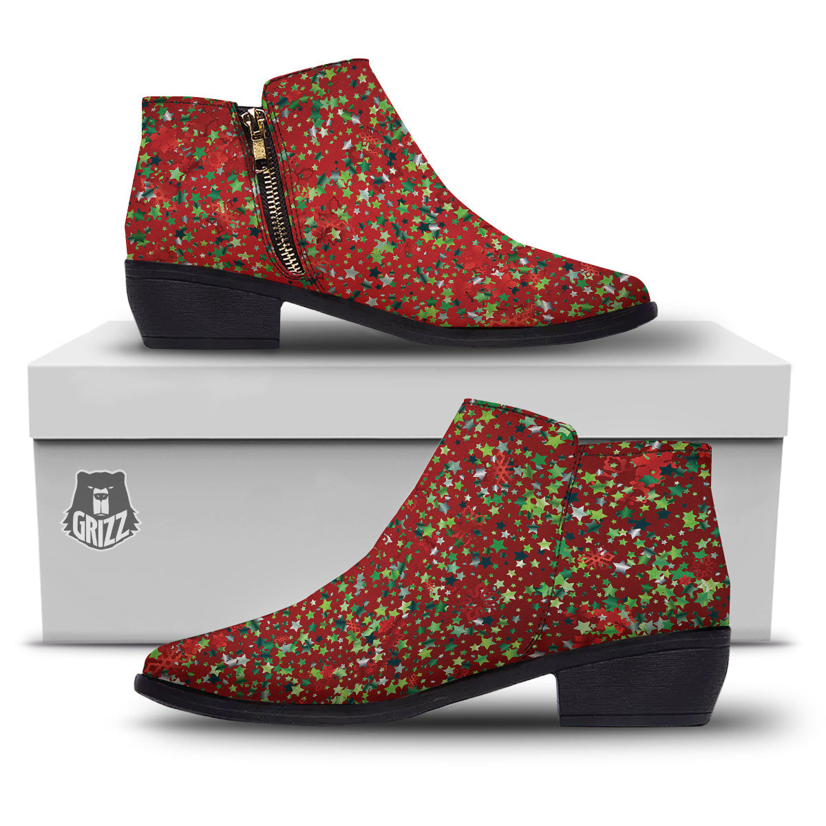 Sparkle Christmas Print Ankle Boots-grizzshop