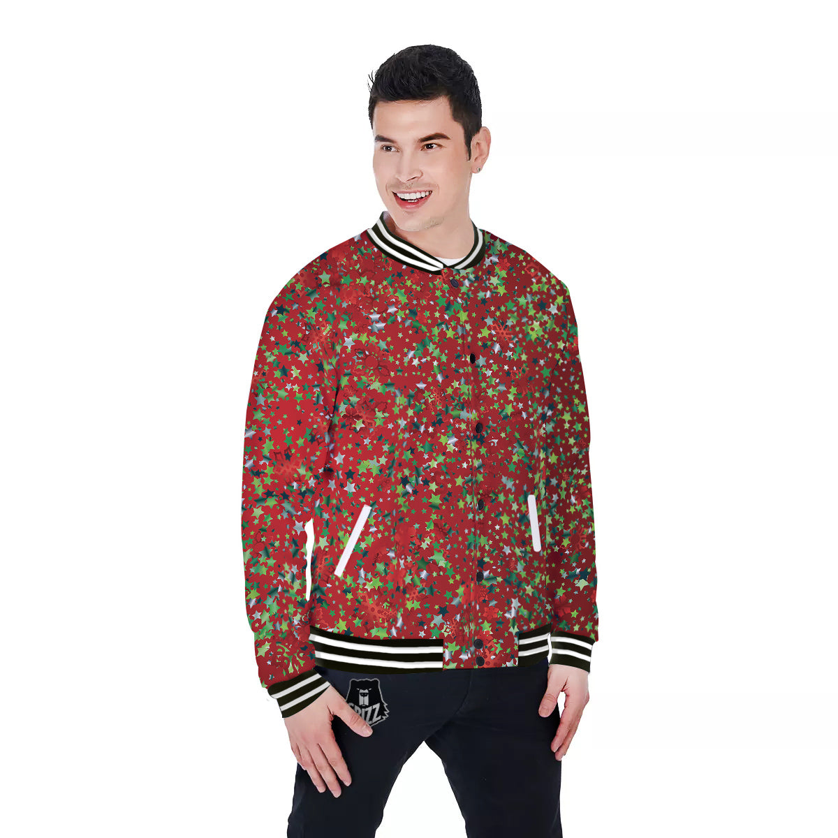 Sparkle Christmas Print Baseball Jacket-grizzshop