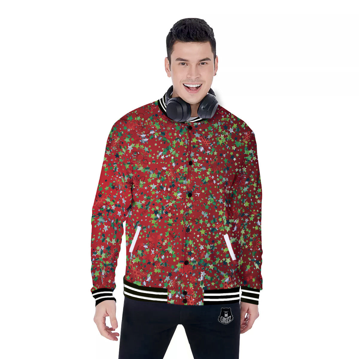 Sparkle Christmas Print Baseball Jacket-grizzshop