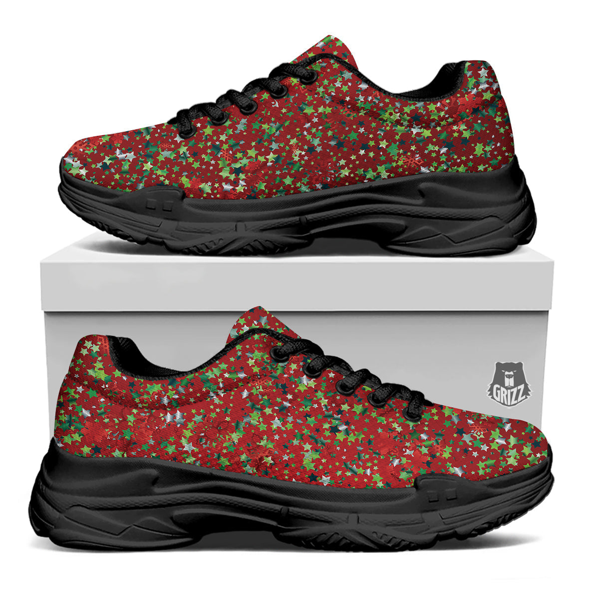 Sparkle Christmas Print Black Chunky Shoes-grizzshop