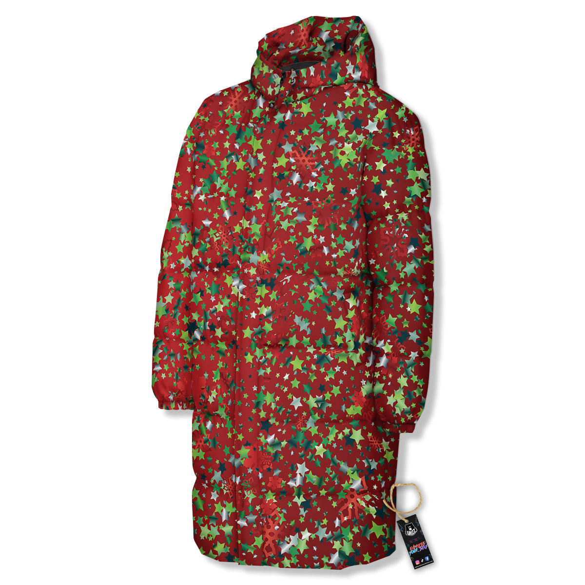 Sparkle Christmas Print Long Down Jacket-grizzshop