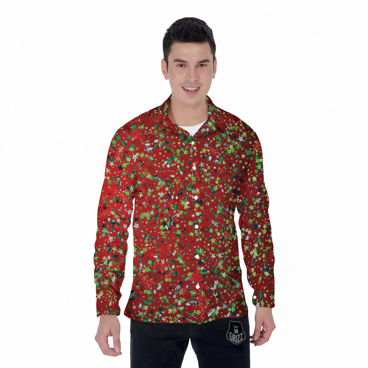 Sparkle Christmas Print Men's Long Sleeve Shirts-grizzshop