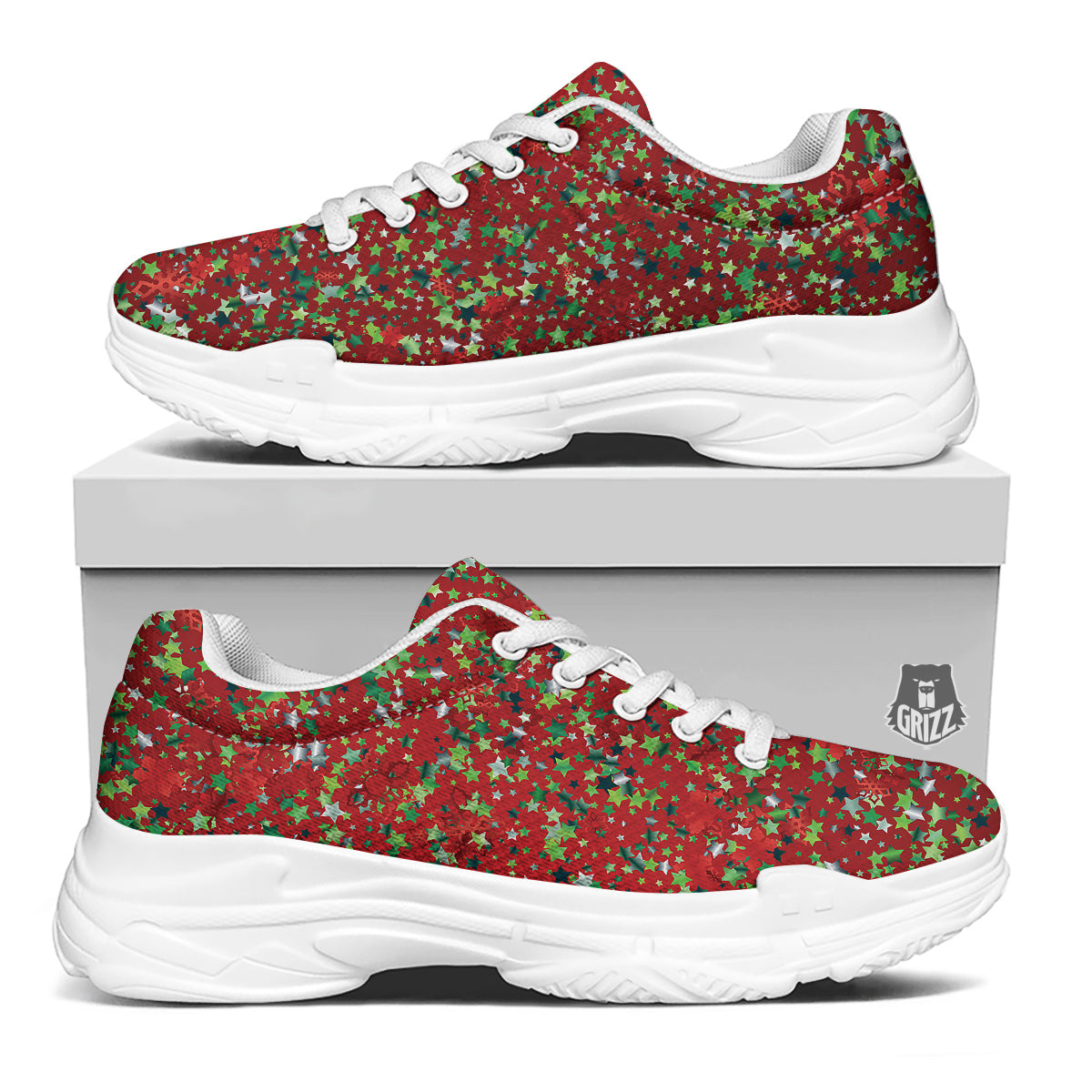 Sparkle Christmas Print White Chunky Shoes-grizzshop