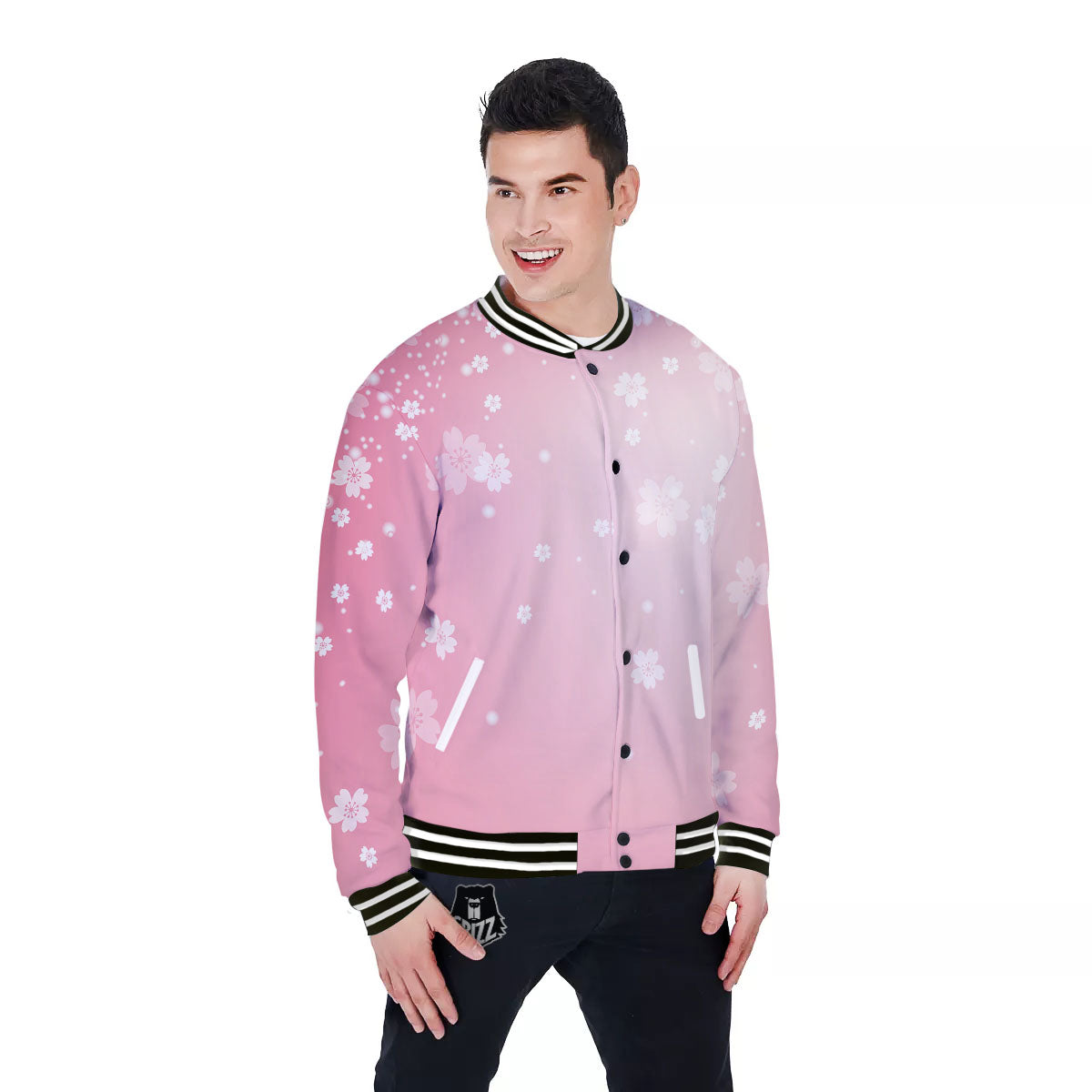 Sparkle Floral Print Baseball Jacket-grizzshop