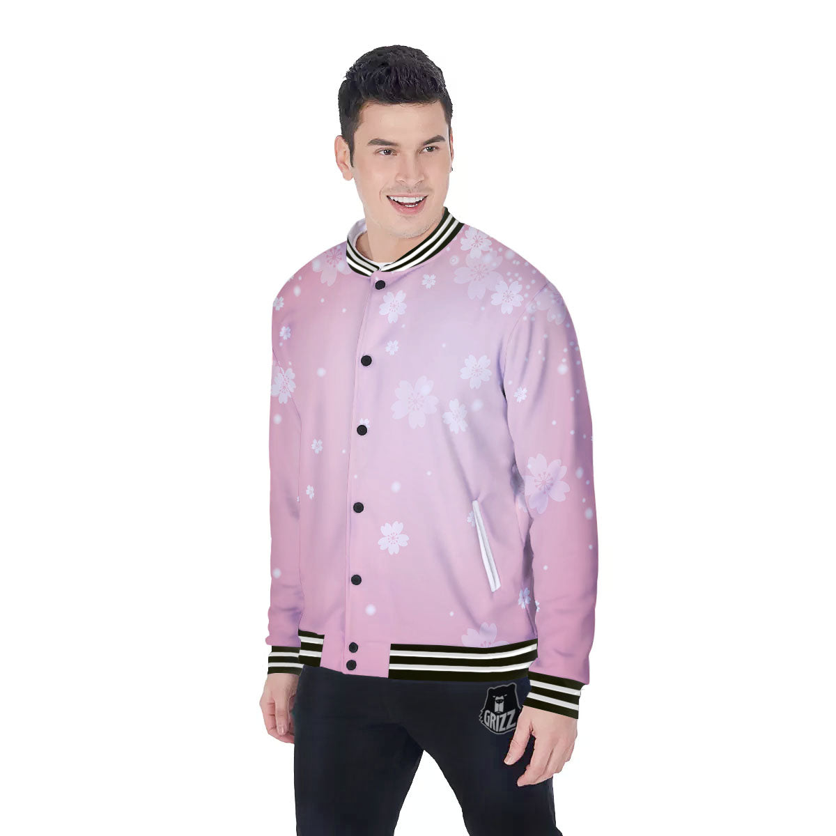 Sparkle Floral Print Baseball Jacket-grizzshop