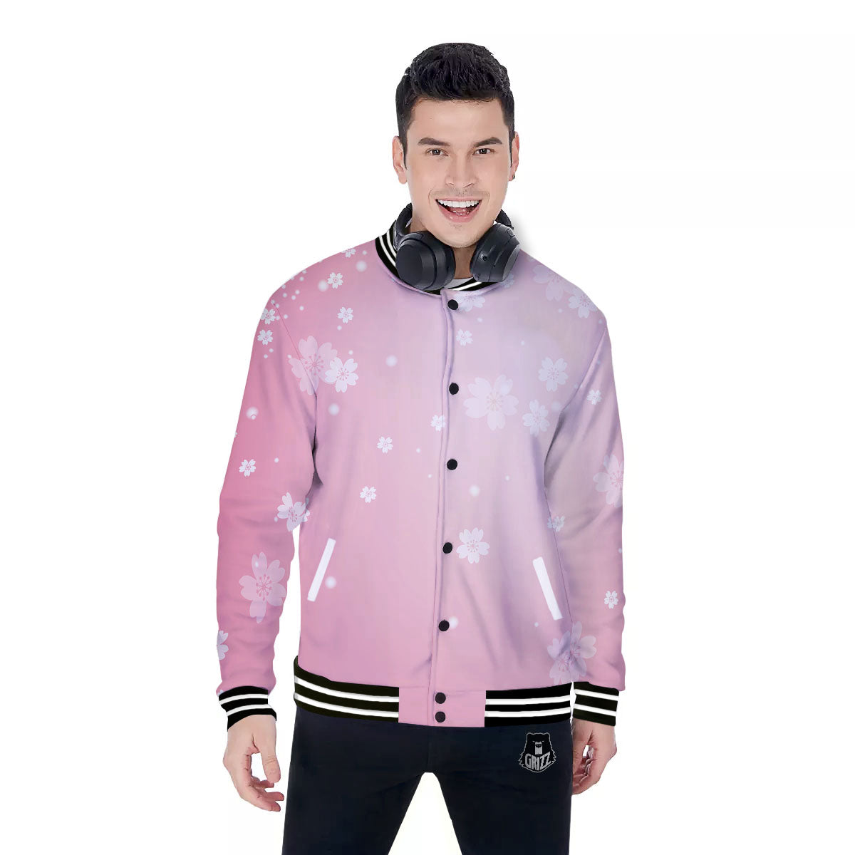 Sparkle Floral Print Baseball Jacket-grizzshop