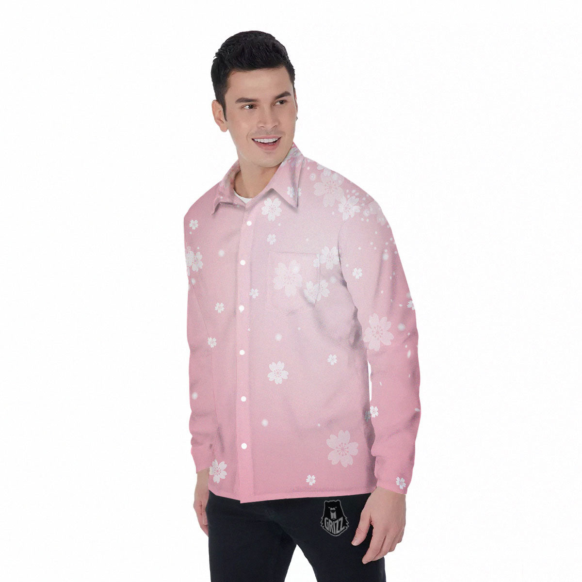 Sparkle Floral Print Men's Long Sleeve Shirts-grizzshop