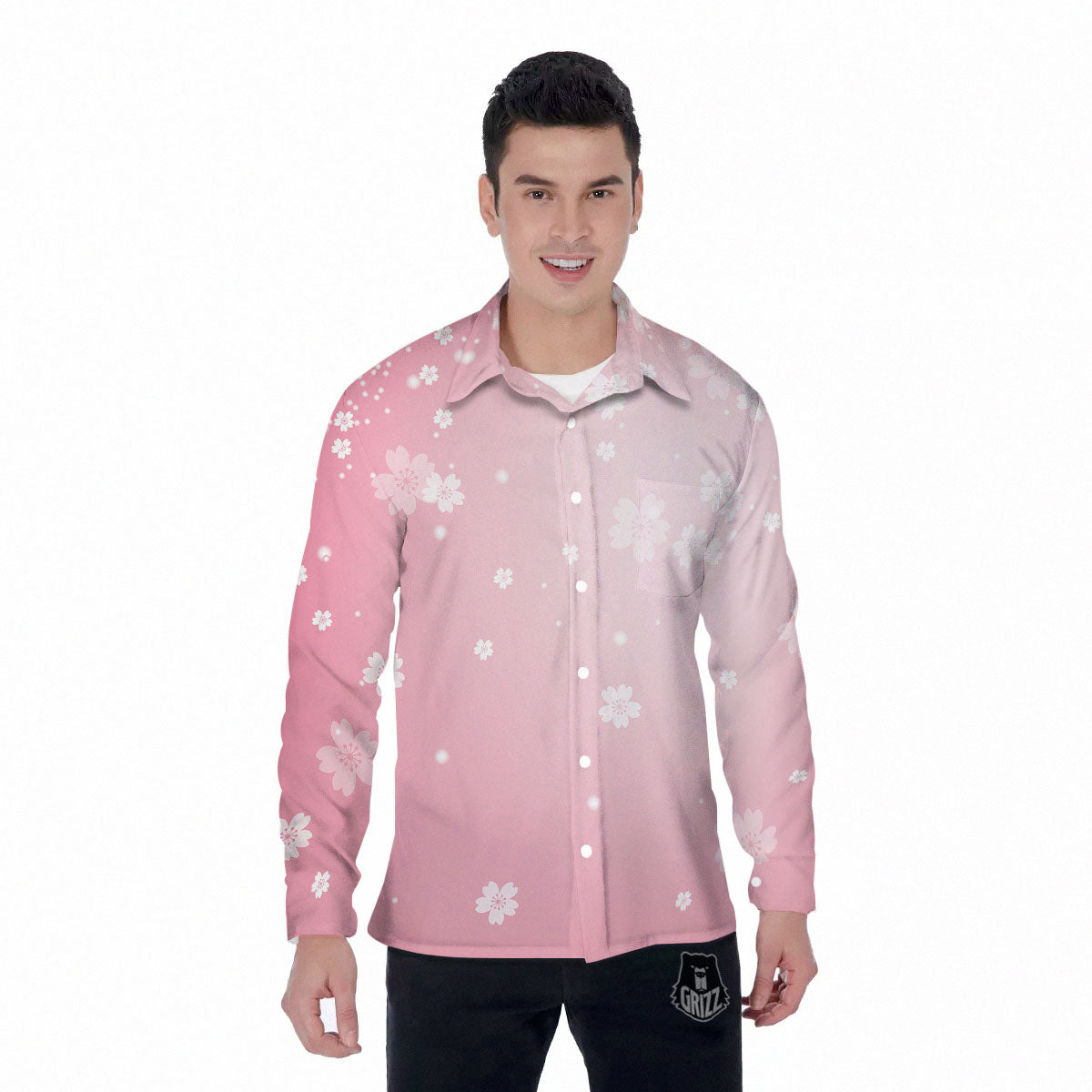 Sparkle Floral Print Men's Long Sleeve Shirts-grizzshop