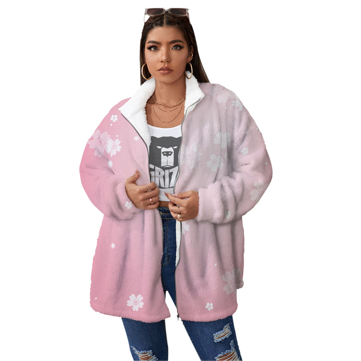 Sparkle Floral Print Women's Sherpa Jacket-grizzshop
