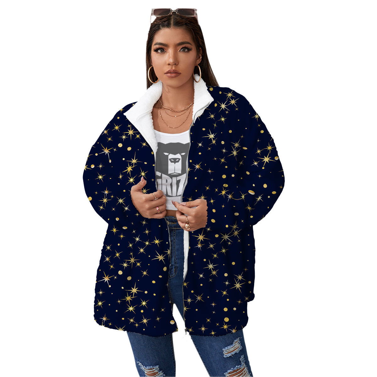 Sparkle Shiny Print Pattern Women's Sherpa Jacket-grizzshop