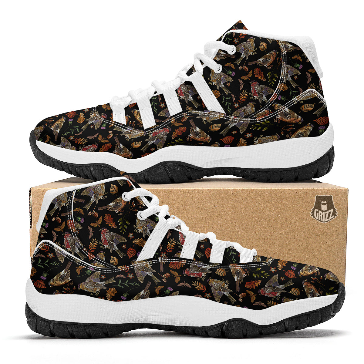 Sparrow Embroidery Print Pattern White Bball Shoes-grizzshop