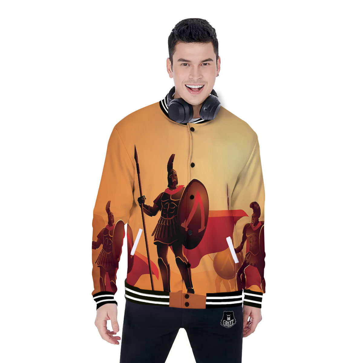 Spartan Ancient Print Baseball Jacket-grizzshop
