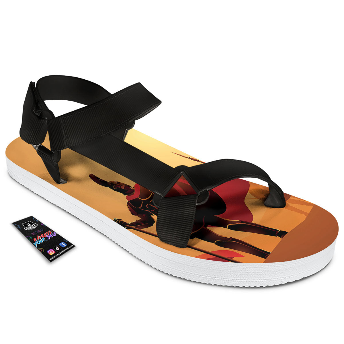 Spartan Ancient Print Black Open Toe Sandals-grizzshop