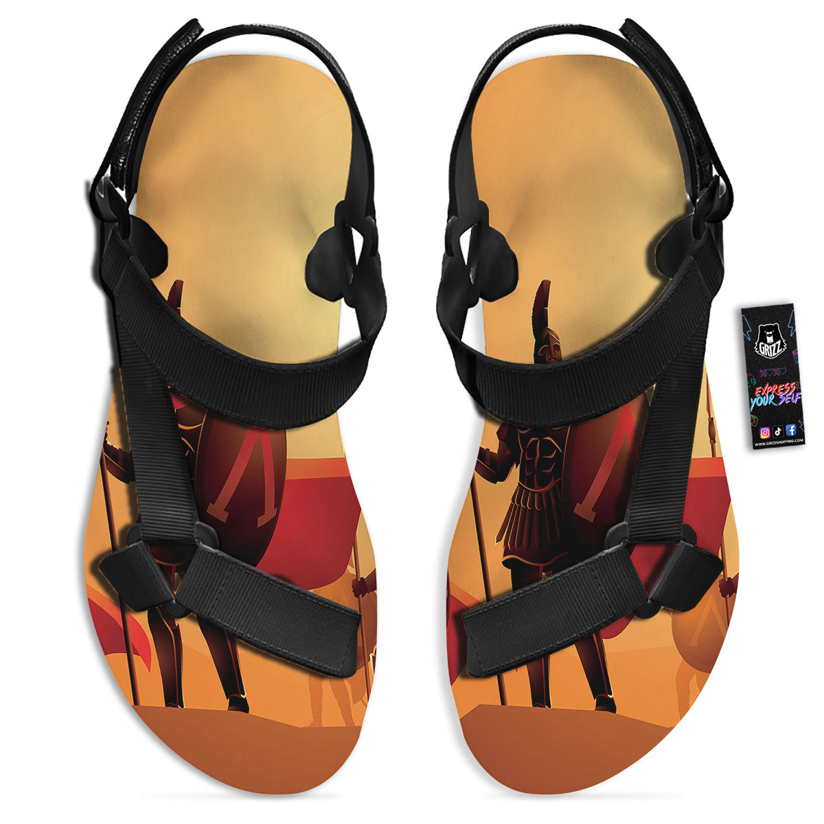 Spartan Ancient Print Black Open Toe Sandals-grizzshop