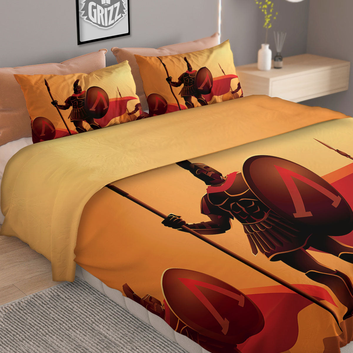 Spartan Ancient Print Duvet Cover Bedding Set