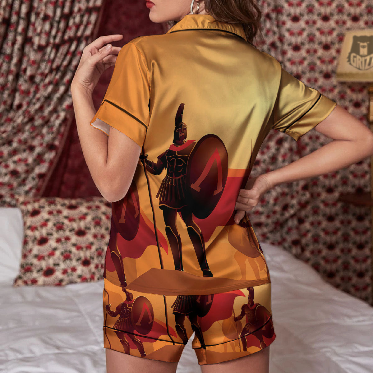 Spartan Ancient Print Women Silk Pajamas-grizzshop