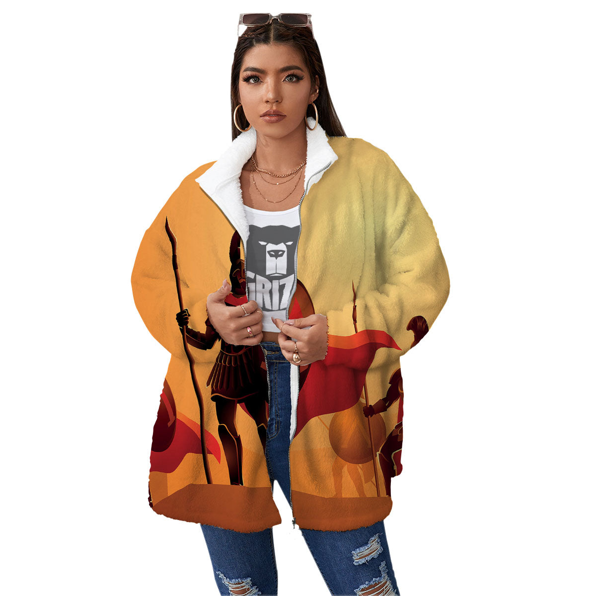 Spartan Ancient Print Women's Sherpa Jacket-grizzshop