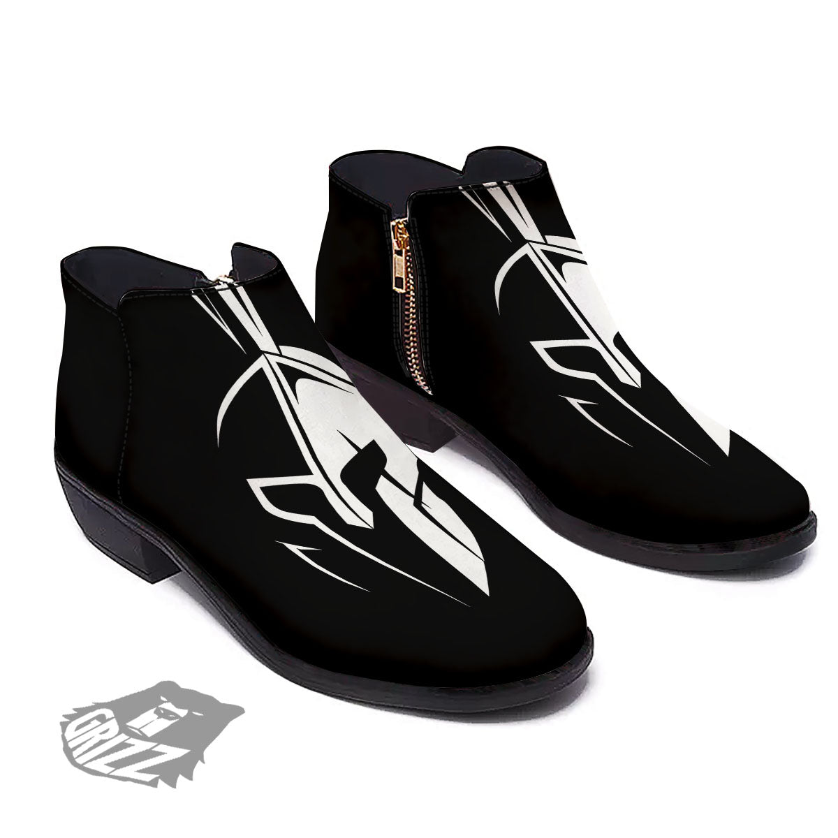 Spartan Helmet White And Black Print Ankle Boots-grizzshop