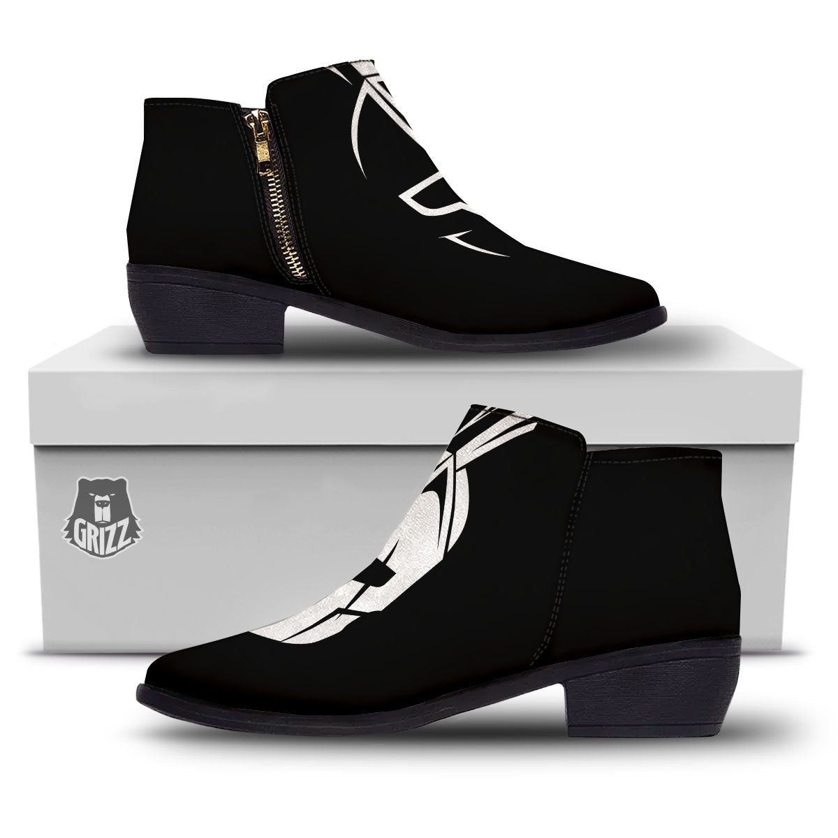 Spartan Helmet White And Black Print Ankle Boots-grizzshop