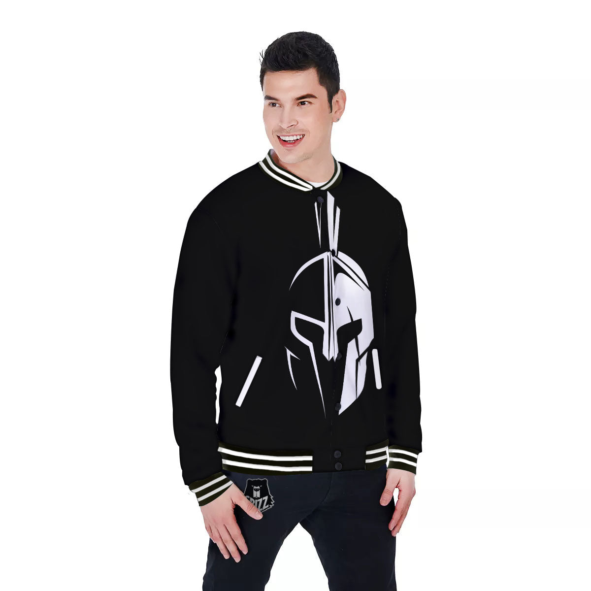 Spartan Helmet White And Black Print Baseball Jacket-grizzshop