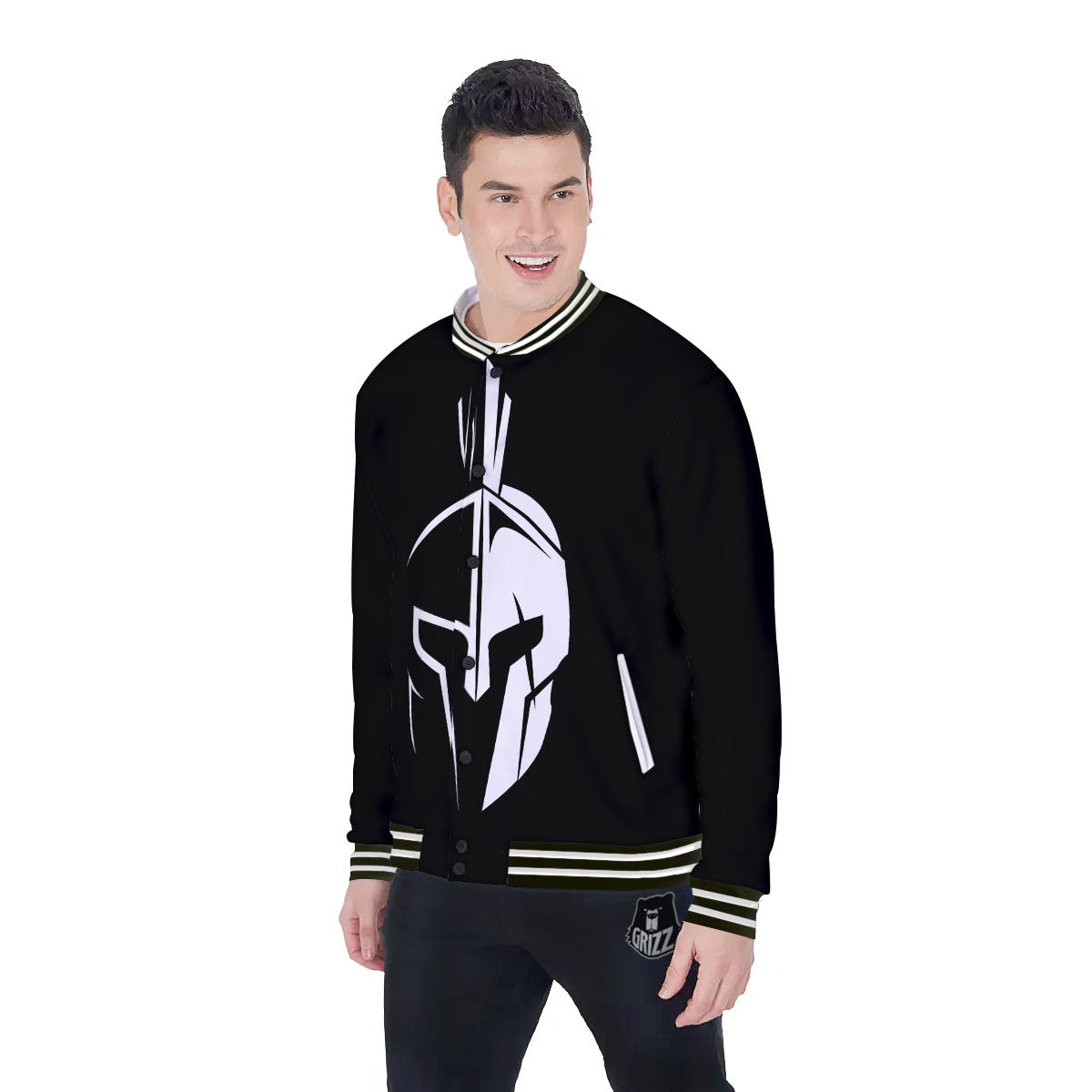 Spartan Helmet White And Black Print Baseball Jacket-grizzshop