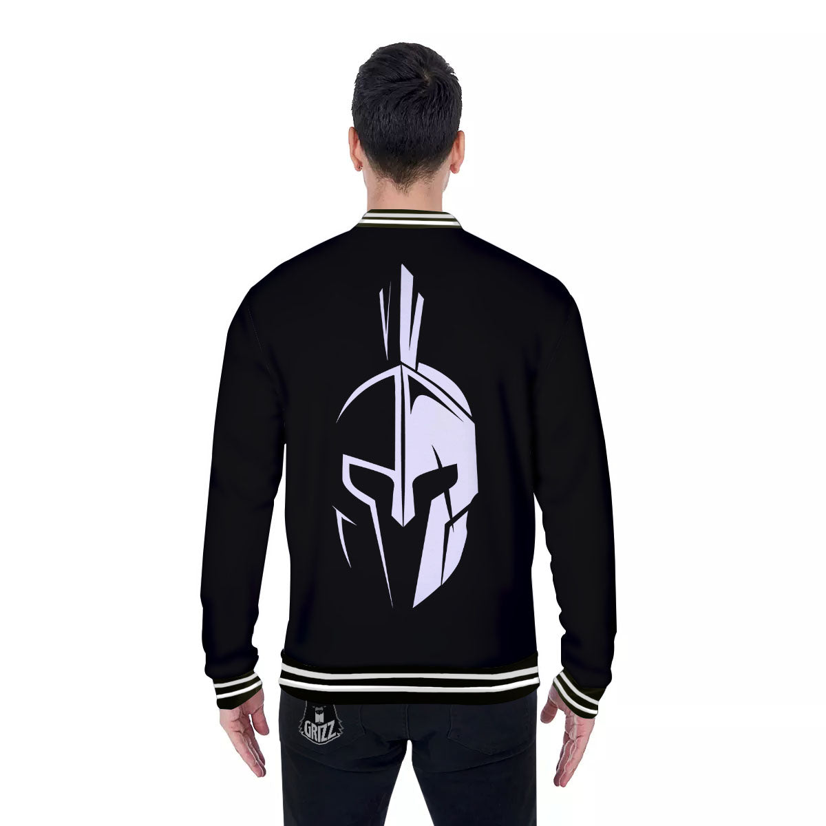 Spartan Helmet White And Black Print Baseball Jacket-grizzshop
