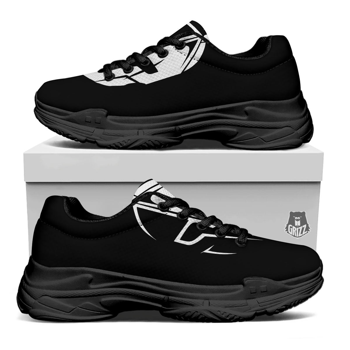 Spartan Helmet White And Black Print Black Chunky Shoes-grizzshop