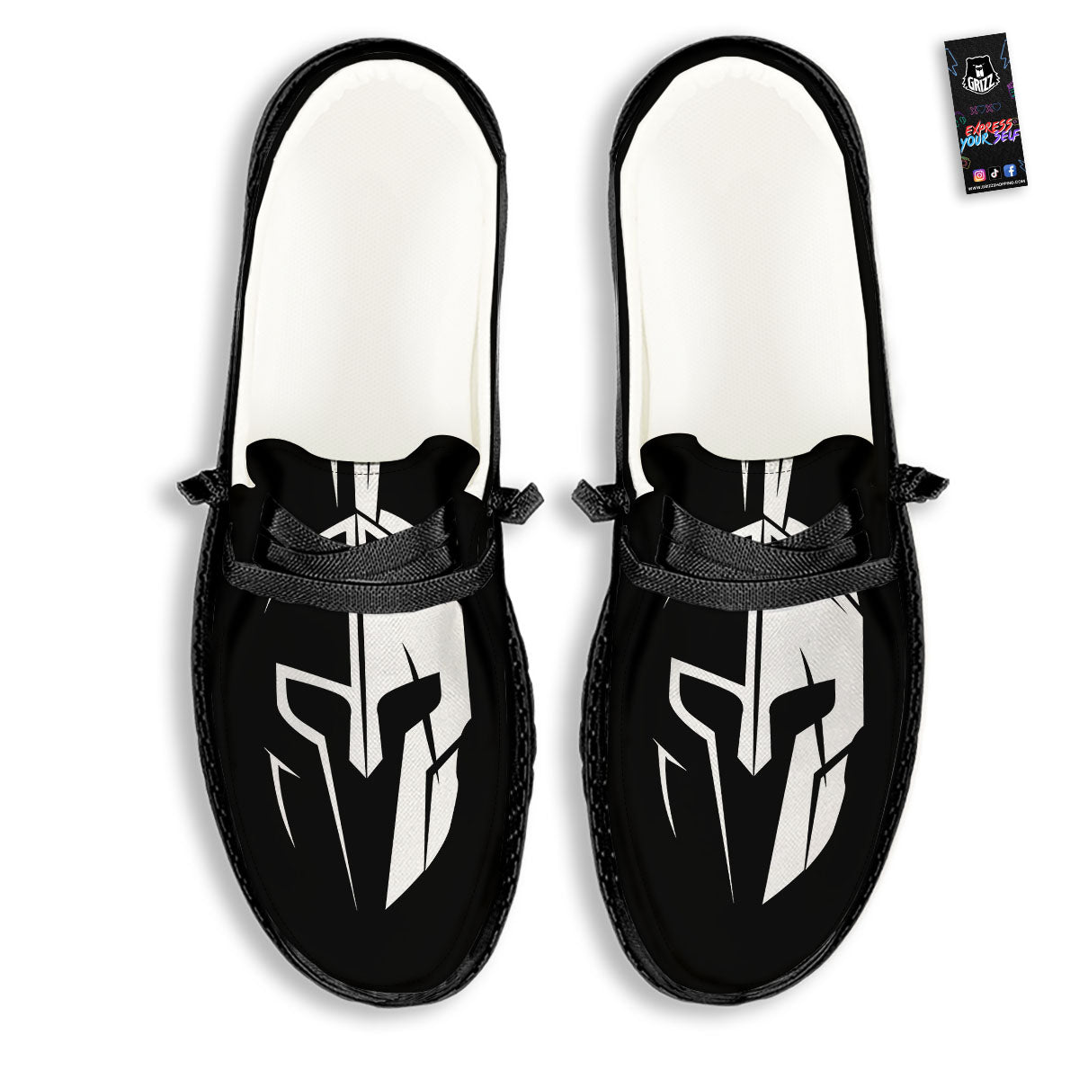 Spartan Helmet White And Black Print Black Loafers-grizzshop