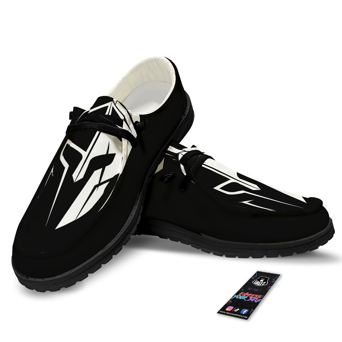 Spartan Helmet White And Black Print Black Loafers-grizzshop