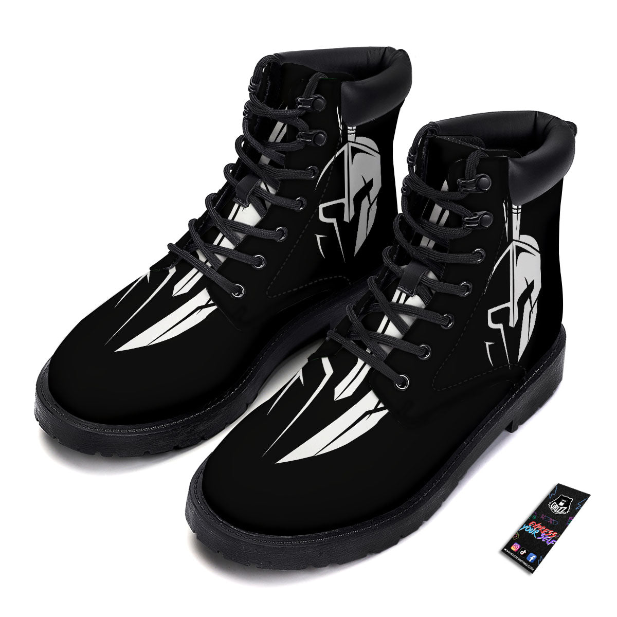 Spartan Helmet White And Black Print Boots-grizzshop