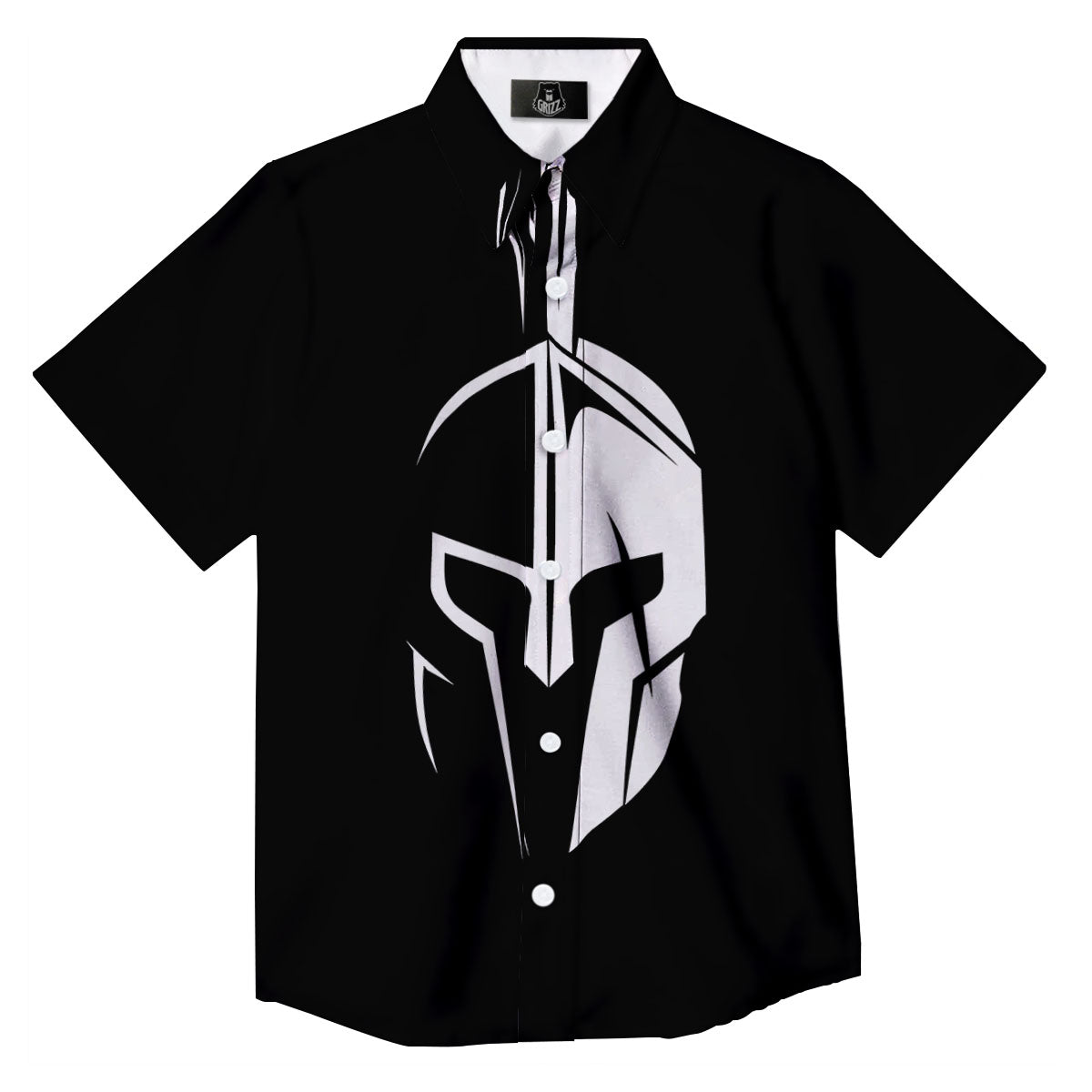 Spartan Helmet White And Black Print Button Up Shirt-grizzshop