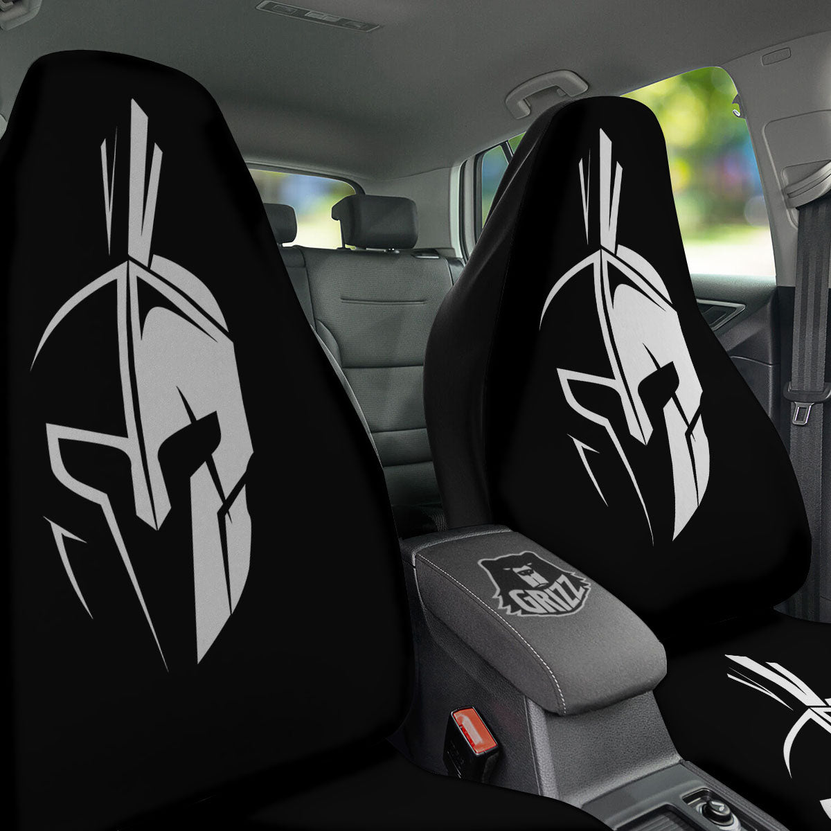 Spartan Helmet White And Black Print Car Seat Covers-grizzshop