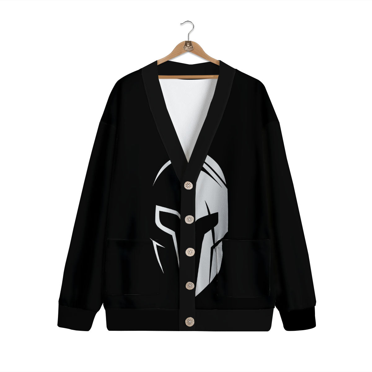 Spartan Helmet White And Black Print Cardigan-grizzshop
