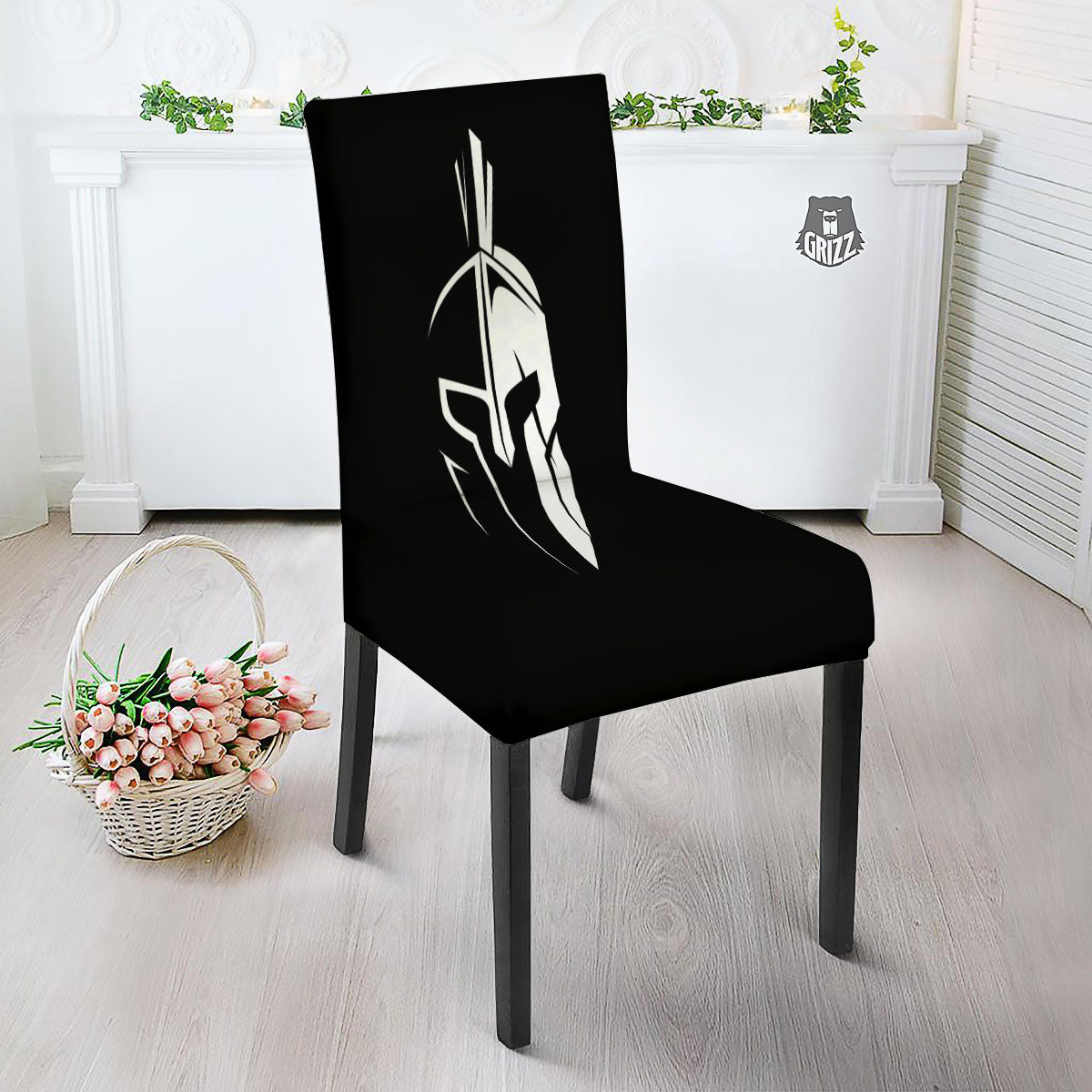 Spartan Helmet White And Black Print Dining Chair Slipcover-grizzshop