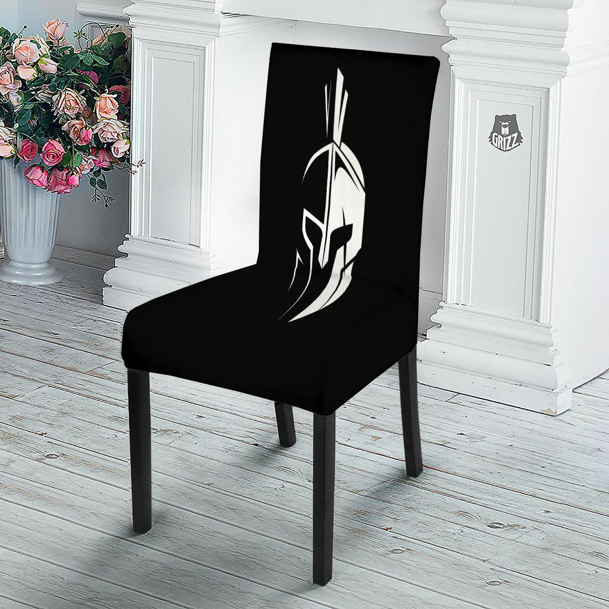 Spartan Helmet White And Black Print Dining Chair Slipcover-grizzshop
