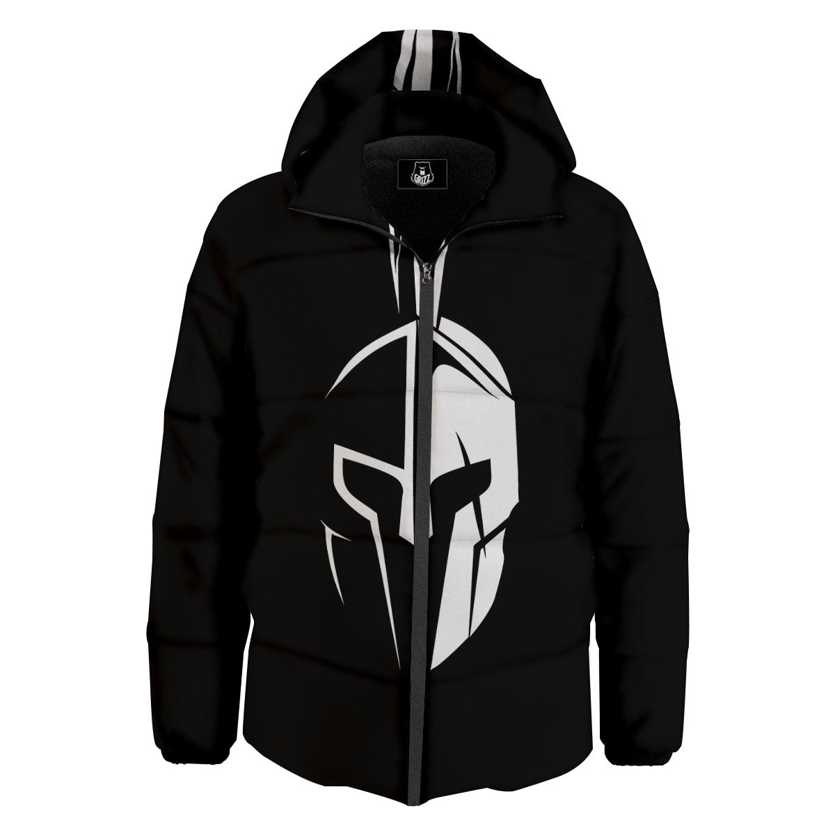Spartan Helmet White And Black Print Down Jacket-grizzshop