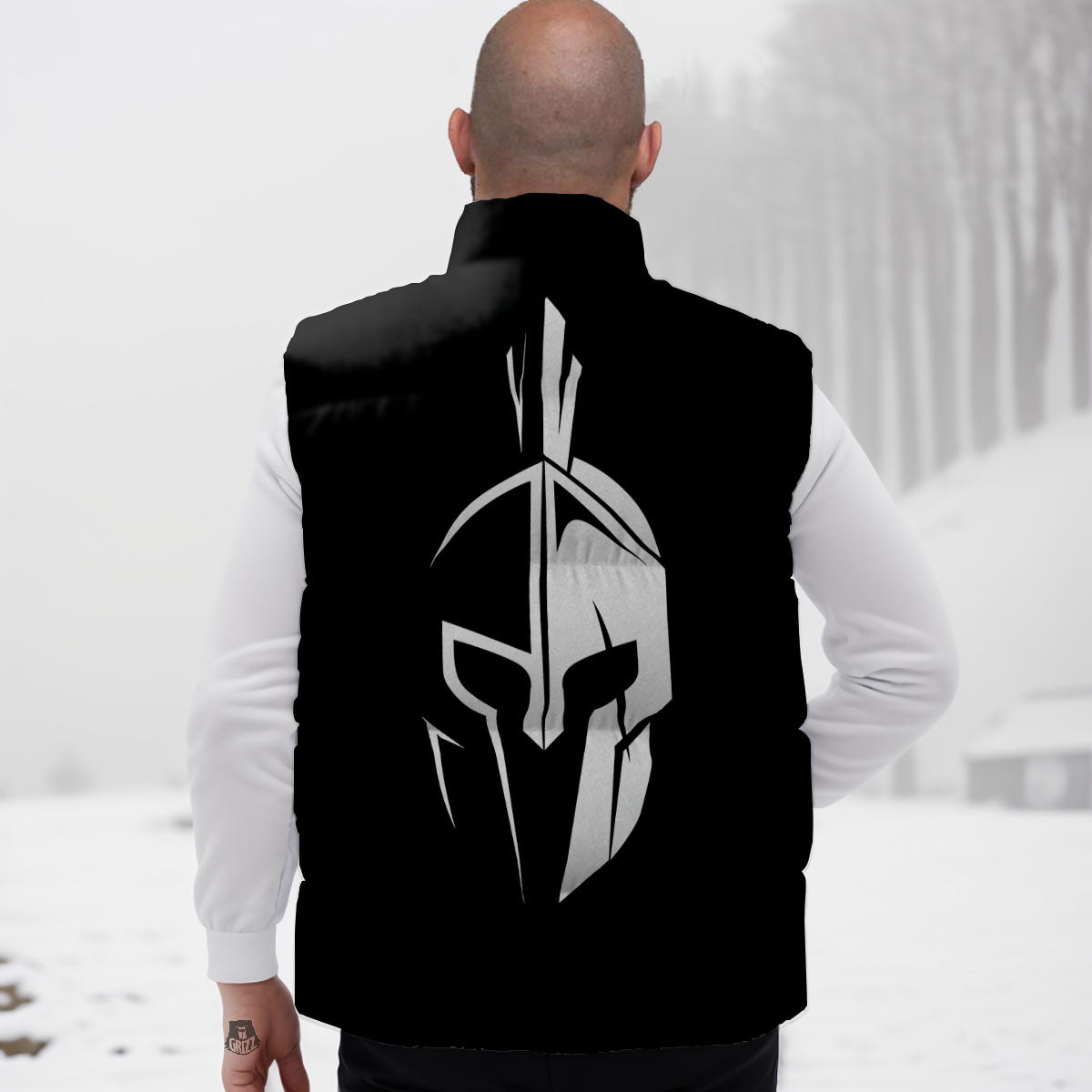 Spartan Helmet White And Black Print Down Vest