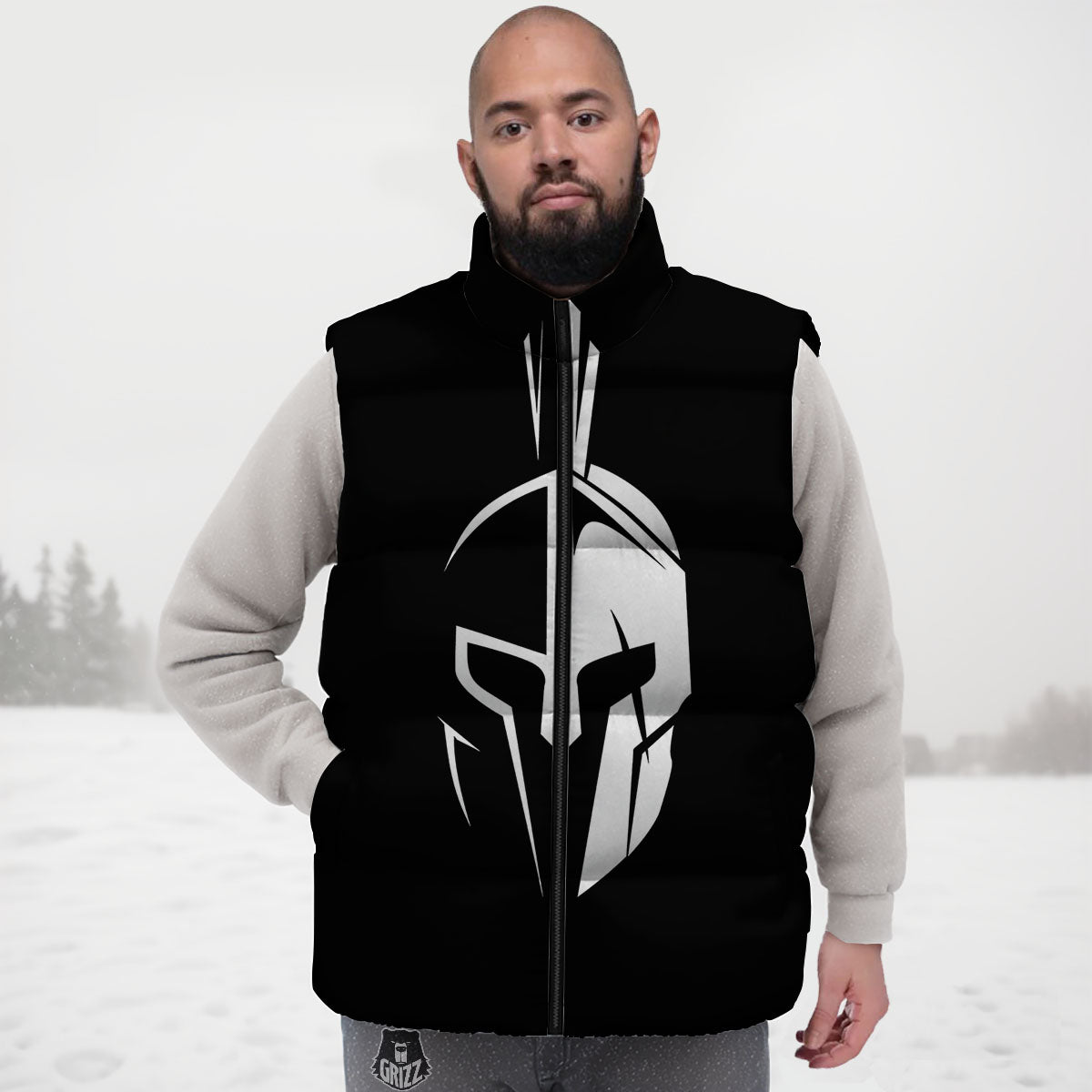 Spartan Helmet White And Black Print Down Vest
