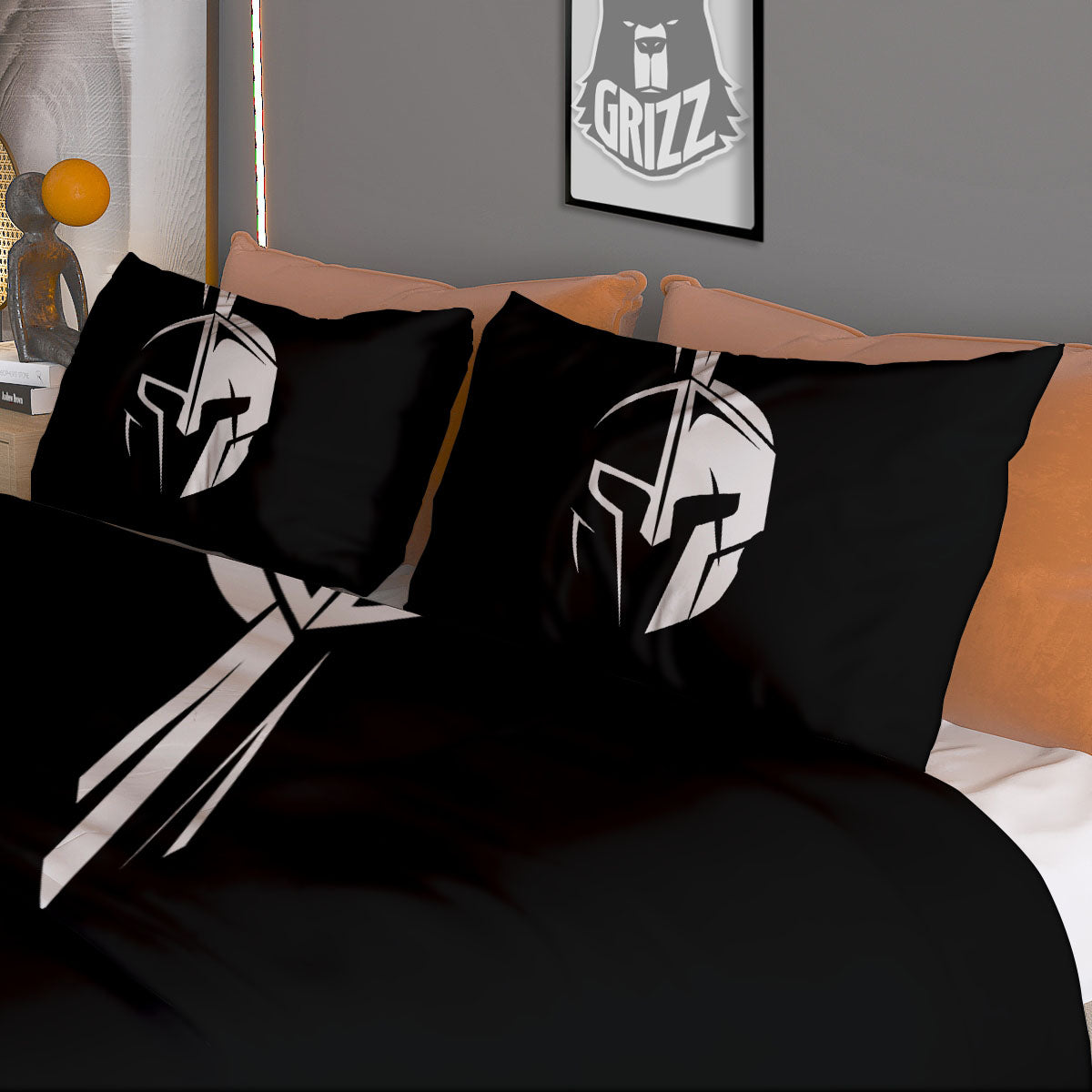 Spartan Helmet White And Black Print Duvet Cover Bedding Set