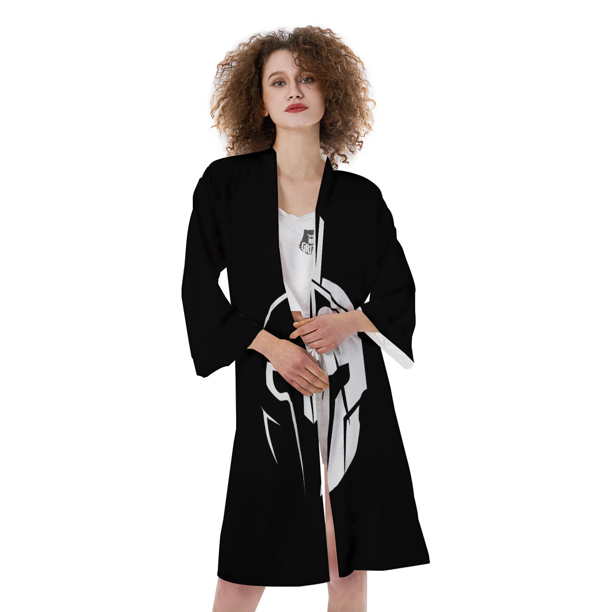 Spartan Helmet White And Black Print Kimono-grizzshop