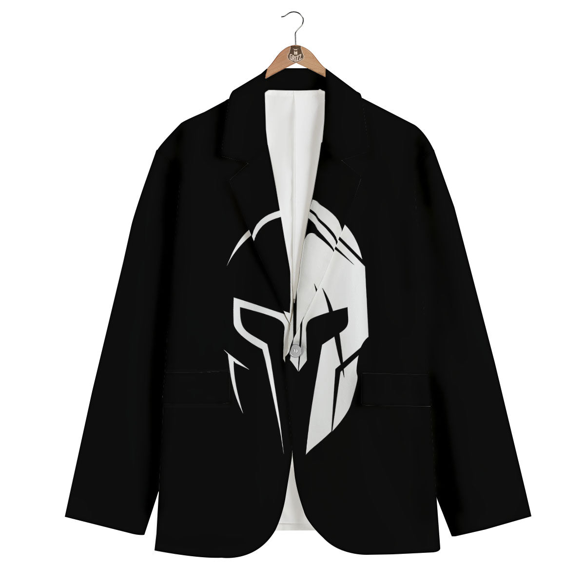 Spartan Helmet White And Black Print Men's Blazer-grizzshop