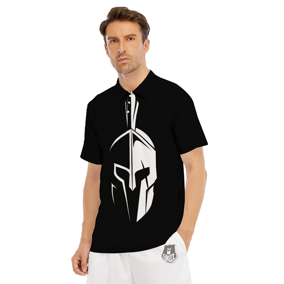 Spartan Helmet White And Black Print Men's Golf Shirts-grizzshop